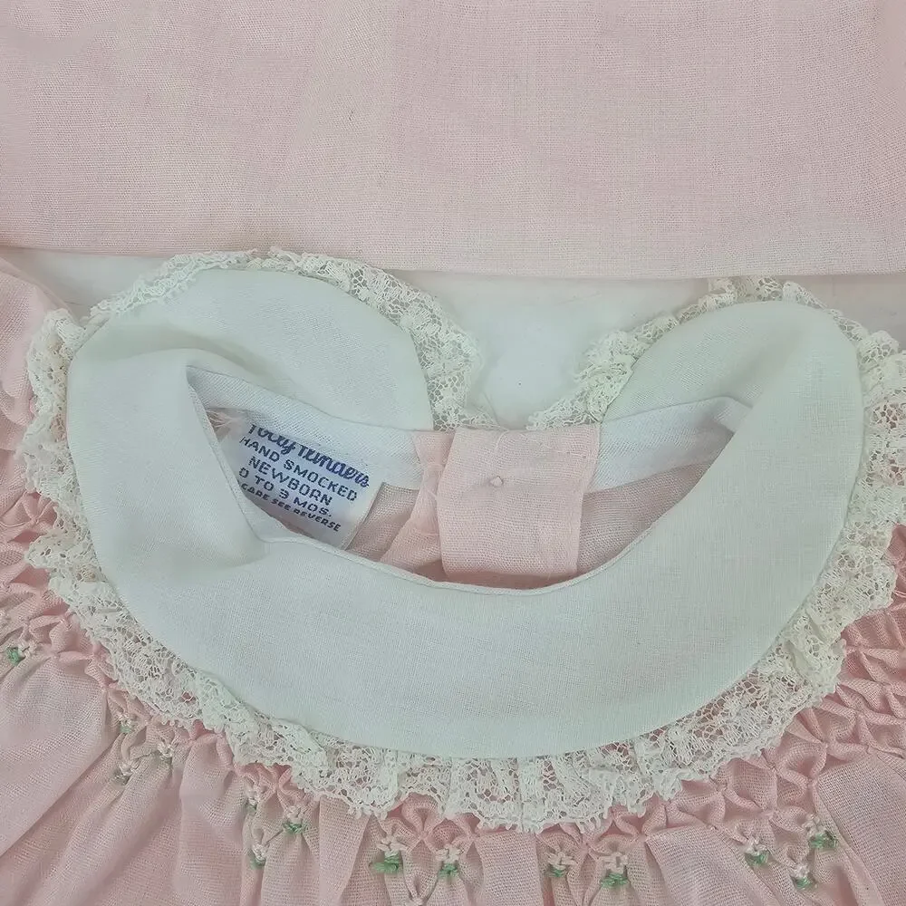 Vintage Polly Flinders Pink Lace Ruffle Frilly Smocked Dresses TWINS NB 0-3 mo